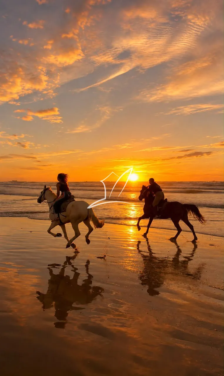 Two riders on horseback along the beach at sunset