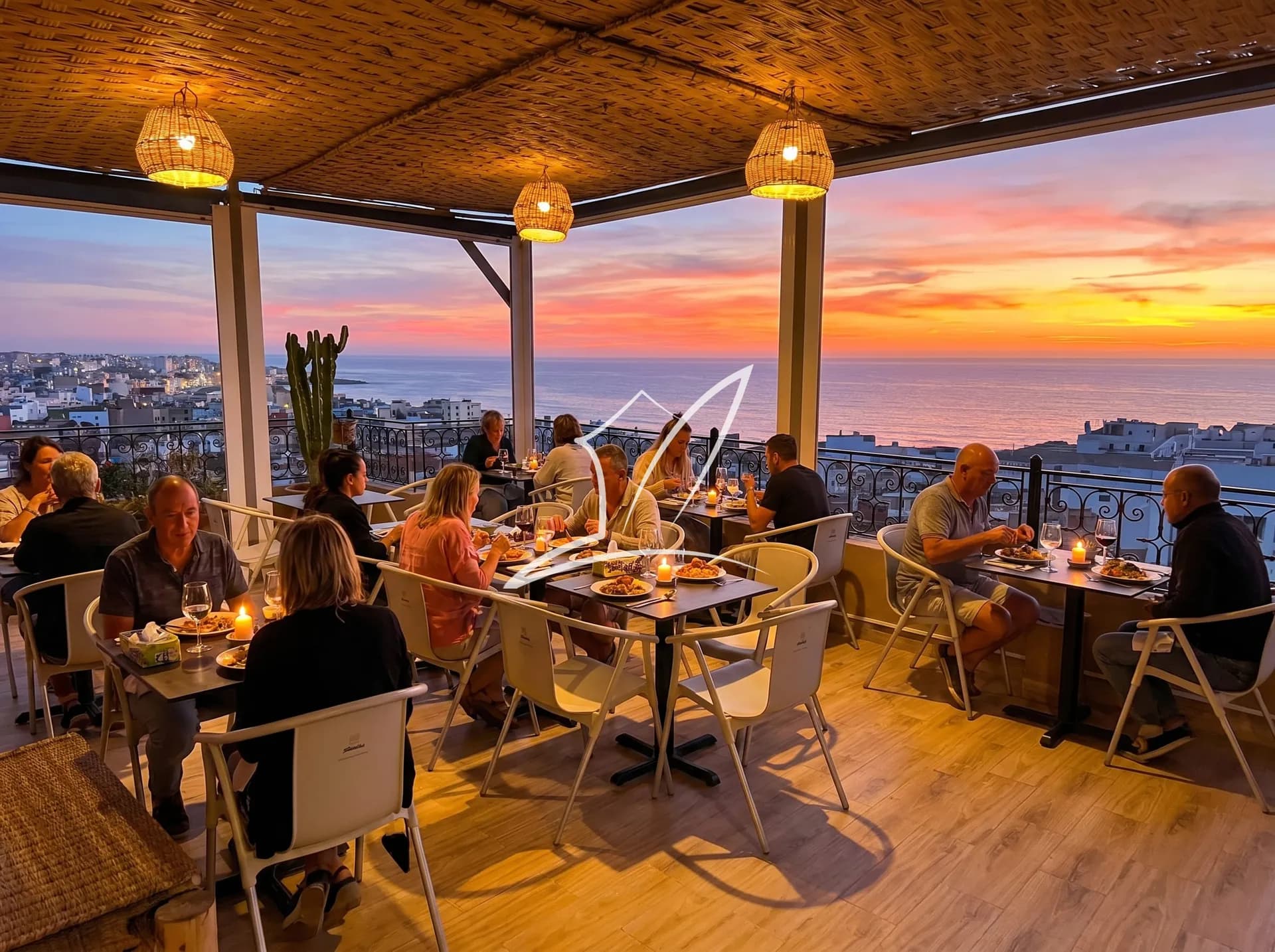 Guests dining on a covered terrace at sunset